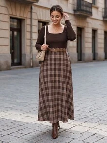 Chikora Plus Size Women's Patchwork Plaid Square Neck Long Sleeve Elegant Dress - Brown - View 1