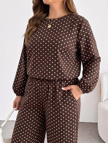 SHEIN Essnce Plus-Size Women's Spring And Autumn Fashion Casual Loose Comfortable Long-Sleeved Top And Wide-Leg Pants Brown Polka Dot Two-Piece Set,Fall Outfits - Brown - View 6