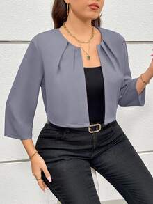 SHEIN Essnce Plus Size Women's Solid Color Pleated Design Open Front 3/4 Sleeve Blazer - Light Grey - View 6