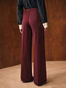 MOTF PREMIUM WOMEN'S SPRING/AUTUMN VINTAGE ELEGANT OFFICE COMMUTE HIGH-WAIST SLIM FIT TALL-LOOKING LONG FLARED SUIT PANTS - Maroon - View 3