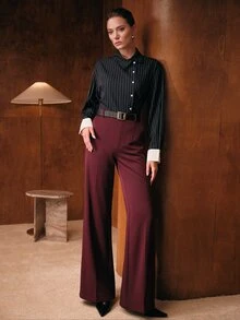 MOTF PREMIUM WOMEN'S SPRING/AUTUMN VINTAGE ELEGANT OFFICE COMMUTE HIGH-WAIST SLIM FIT TALL-LOOKING LONG FLARED SUIT PANTS - Maroon - View 2