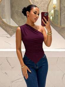 Slaydiva 女款純色單肩不對稱下擺時尚上衣 - 紫色 - 查看 2