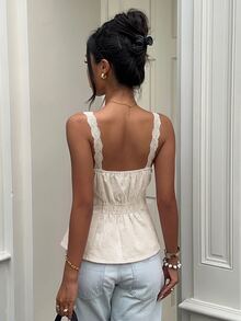 Aloruh Women's Elegant Casual Commute Top, Lace Trim Patchwork Solid Color Sleeveless Blouse, Summer - Khaki - View 2