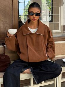 Muchica Women's Street Fashion High Neck Zip-Up Long Sleeve Jacket - Brown - View 4