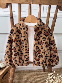 SHEIN 女嬰可愛百搭休閒毛絨碎花長袖冬季外套 - 卡其色 - 查看 4