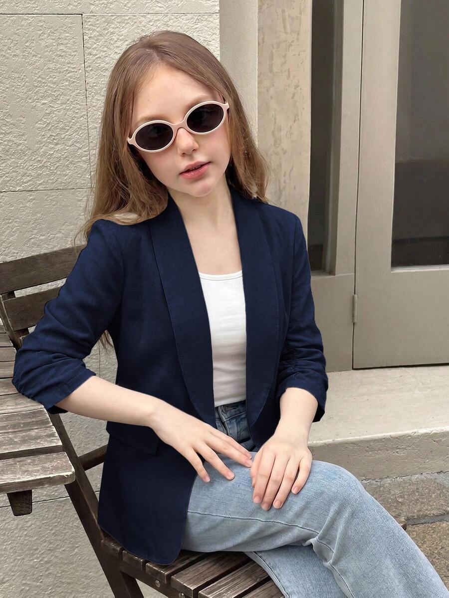 SHEIN 青少年女孩優雅休閒藍白條紋亞麻西裝外套，大翻領、百褶設計、3/4袖，適合春夏/秋冬日常穿著 - 藏蓝色 - 查看 1