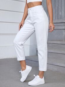 SHEIN CURVE+ Plus Size Women's Casual High Waist Denim Mom Jeans With Pockets, Cropped Length - White - View 9