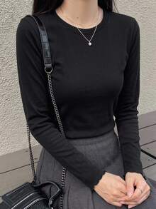 DAZY Women's Solid Color Round Neck Long Sleeve Casual Versatile T-Shirt - Black - View 6