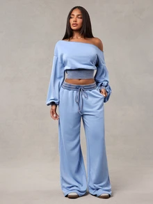 Radiana American Retro Gray-Blue Contrast Color Washed Distressed Sweatpants, Street Casual Low Waist Wide Leg Loose Extra Long Pants - Blue - View 1
