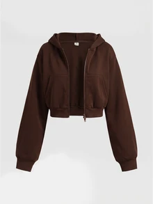 SHEIN Girlism 青少年女孩眉心連帽兩件套，雙拉鍊秋季夾克搭配直筒寬鬆長褲，學院風，適合返校季與街頭穿搭 - 棕色 - 查看 5
