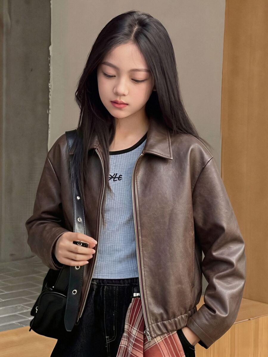 SHEIN Sparklyn Tween女孩黑色拉鍊翻領羅紋袖口街頭風酷感百搭機車PU皮革寬鬆夾克,秋冬穿搭 - 棕色 - 查看 1