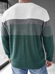 Manfinity Homme 男士條紋圓領長袖休閒百搭毛衣 - 墨綠色 - 查看 2