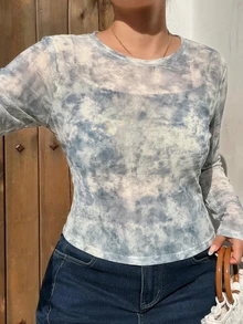 Livesso Tie-Dye Mesh Layered Korean Style T-Shirt - Dusty Blue - View 2