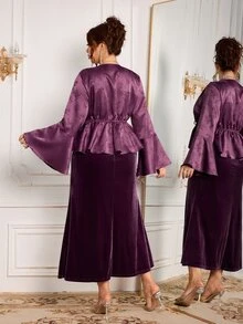 Modelyn Plus Size Women Solid Color Top And Camisole Dress Fashion 2 Pieces Set - Purple - View 2