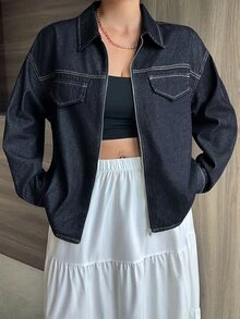 Dazy Plus Autumn/Winter Lapel Long Sleeve Zipper Large Pocket Loose Short Dark Blue Denim Jacket And Coat - Dark Wash - View 1