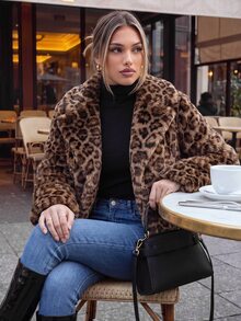 SHEIN PariChic Women's Autumn/Winter Party Street Commute Leopard Print Faux Fur Long Sleeve Jacket - Coffee Brown - View 1