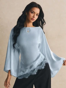 Poéselle Women's French Gentle Lace Patchwork Asymmetrical Hemline Blouse - Dusty Blue - View 1