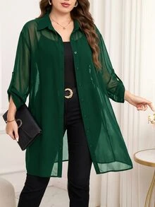 Reflora Plus Size Women's Solid Color Casual Versatile Daily Wear Shirt - Green - View 5