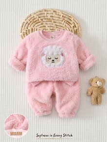 Cozy Pixies 新生女嬰卡通圖案內裡 3 個蝴蝶結厚絨圓領長袖套頭運動衫與鬆緊腰長冬褲 2 件套 - 彩色 - 查看 4