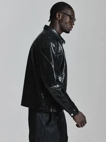 Musero Chaqueta Oversize con Hombros Caídos en PU Tejido con Cierre de Cremallera, Esencial de Otoño e Invierno - Negro - Ver 4