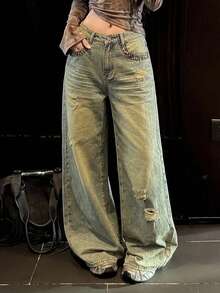 DAZY Women's Street Leopard Print Patchwork Pocket Distressed Denim Jeans Fall - Dusty Blue - View 1