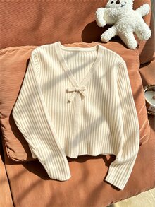 SHEIN 青少年女孩薄款蝴蝶結針織開襟衫，可搭配吊帶洋裝與上衣 - 杏色 - 查看 6