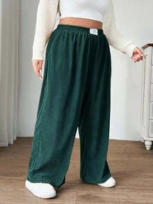 SHEIN EZwear 復古綠大尺碼女款秋冬休閒校園日常居家通勤長褲，卡其色燈芯絨面料，附口袋拼接設計，高腰寬鬆闊腿長褲 - Fresh Green - 查看 5