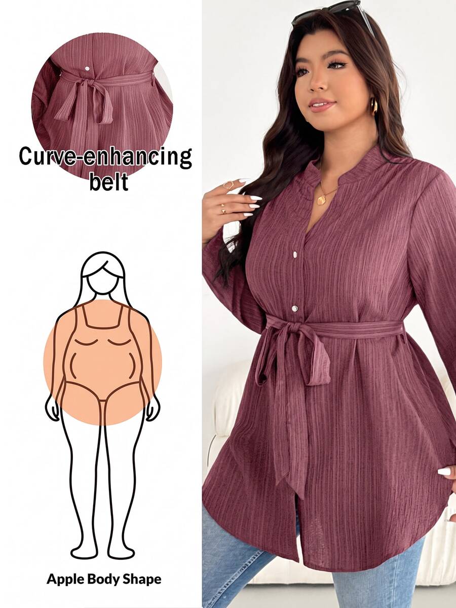SHEIN Essnce 大尺碼女款純色長袖單排扣休閒襯衫 - 中紫紅色 - 查看 1