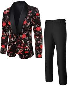 Manfinity Mode Men's Floral & Bird Digital Print Long Sleeve Jacket And Pants Suit Set - Black - View 5
