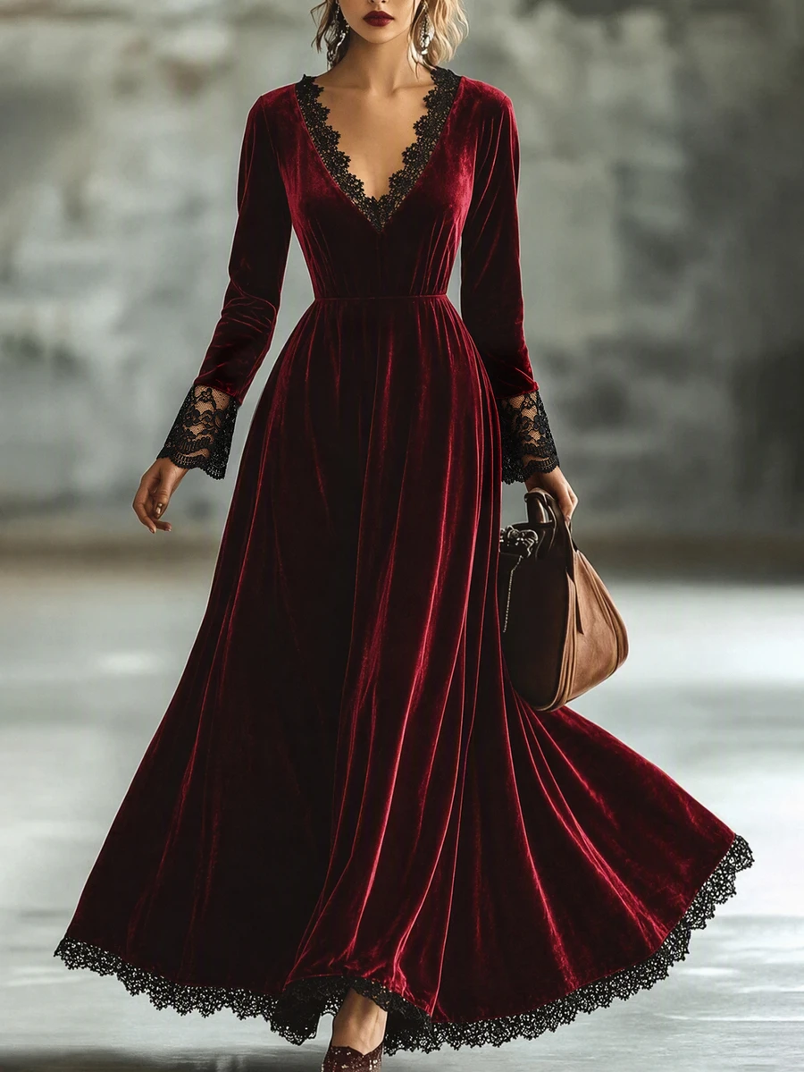 LUMIGAL Gaun Panjang Wanita Berwarna Hitam dengan Hiasan Renda dan Patchwork Beludru Merah Anggur - Burgundy - View 1