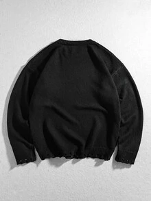 ROMWE MEN Men's Crew Neck Centipede Dark Knit Sweater Streetwear - Black - View 2