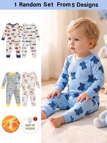 1 Set Randomly Sent Baby Boy Fashion Minimalist Cute Comfortable Cool Soft Skin-Friendly Thickened Winter Fitted Knitted Fleece Fabric Multi-Color Cartoon Car Teddy Bear Dinosaur Print Pattern Crew Neck Long Sleeve Pullover Top With Long Pants Pajama Set Homewear Set 2-Piece Set - Multicolor - View 8