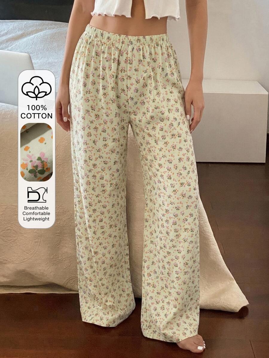DAZY Sweet Ditsy Floral Long Straight Leg Pajama Pants, Summer Women's Loungewear Bottoms Fall - White - View 1