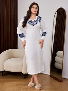 Lacomfia Plus Size Women's Geometric Pattern Long Sleeve Polar Fleece Knit Dress - Blue and White - View 4