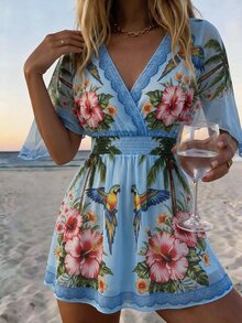 SHEIN Swim 2026SS 春夏新款椰子樹印花度假海灘海邊休閒熱帶風女款罩衫洋裝 淺藍色 - 藍色 - 查看 3