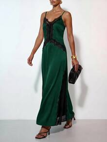 Zivah Women's Contrast Lace Fashion Elegant Spaghetti Strap Long Dress - Dark Green - View 7