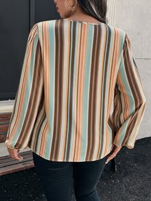 Comfylo 休閒極簡對比色條紋圖案印花大尺碼長袖襯衫 - 彩色 - 查看 2