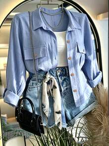 Franclia Women's Single-Breasted Casual Versatile Daily Long Sleeve Shirt - Blue - View 1