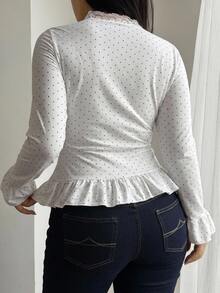 Dazy Plus Korean Style Spring/Autumn V-Neck Long Sleeve Lace Patchwork Pleated Polka Dot White Button Slim Fit Ruffle Hem T-Shirt - White - View 2