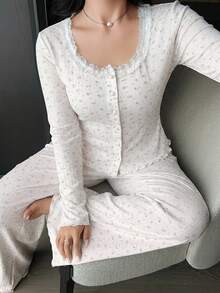 Dazy Plus Floral Pattern Contrast Lace Pants & Fitted Long Sleeve Top 2 Pieces Loungewear Set, Pink Pajama Set - White - View 6