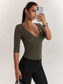 SHEIN BAE 女款柔軟舒適羊絨長袖上衣，適合日常外出、返校季、通勤與辦公穿著 - 軍綠色 - 查看 5