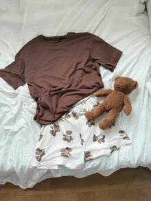 DAZY Women's Solid Color Short Sleeve Top And Shorts Casual Daily Home Sleepwear Set - Brown - View 3