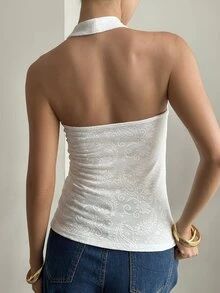 DAZY White Halter Neck Lace Jacquard Fitted Sleeveless Minimalist Sexy Sweet Style Women's Tank Top - White - View 2