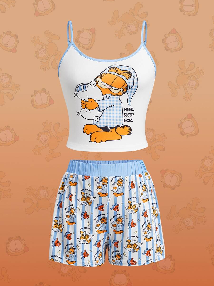 GARFIELD | SHEIN Women's Letter Print Camisole Top And Shorts Pajama Set - Blue - View 1