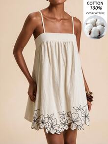 Travachic Women's Floral Print Pleated Casual Everyday Summer Spaghetti Strap Dress - Beige - View 3
