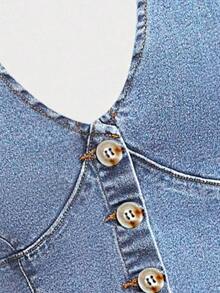 SHEIN CURVE+ Atasan Denim Leher Halter Kasual Serbaguna untuk Wanita Ukuran Plus, Cocok untuk Sehari-hari - Biru - View 3