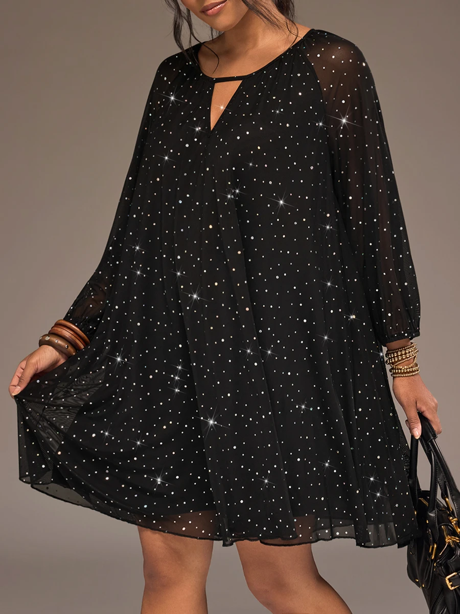 Freevana Plus Size Elegant Black Sheer Mesh Sparkly Rhinestone V Neck Long Sleeve Flowy Evening Dress - Black - View 1