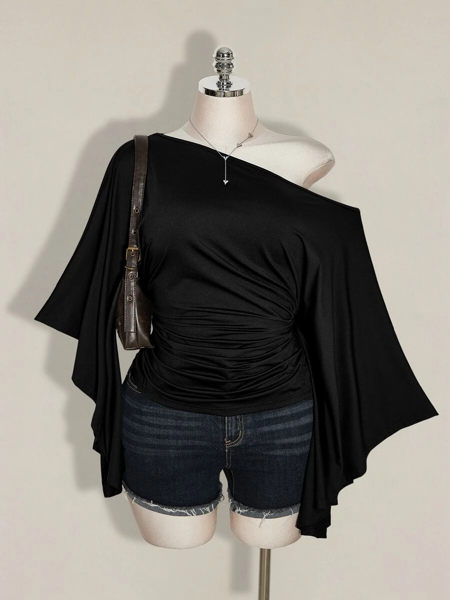 SHEIN ICON Women's Plus Size Retro Sexy Millennial Style Y2K Elegant Commuter Cold Shoulder Ruffled Short Sleeve Gathered Waist Black Top Fall - Black - View 1