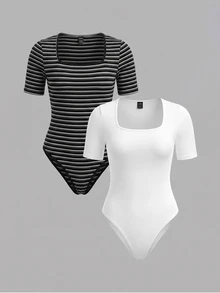 SHEIN BASICS 大尺碼休閒條紋拼接配色短袖連身衣 - 黑與白 - 查看 4