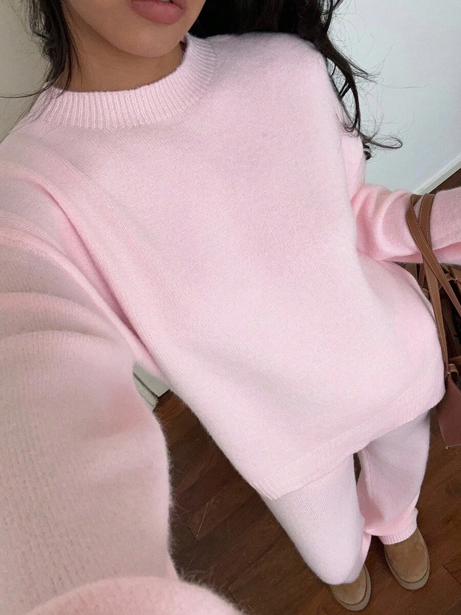 SHEIN Tween Girls Sweater Co-Ords Casual Sweet School Back-To-School,Spring,Autumn,Winter - Pink - View 1